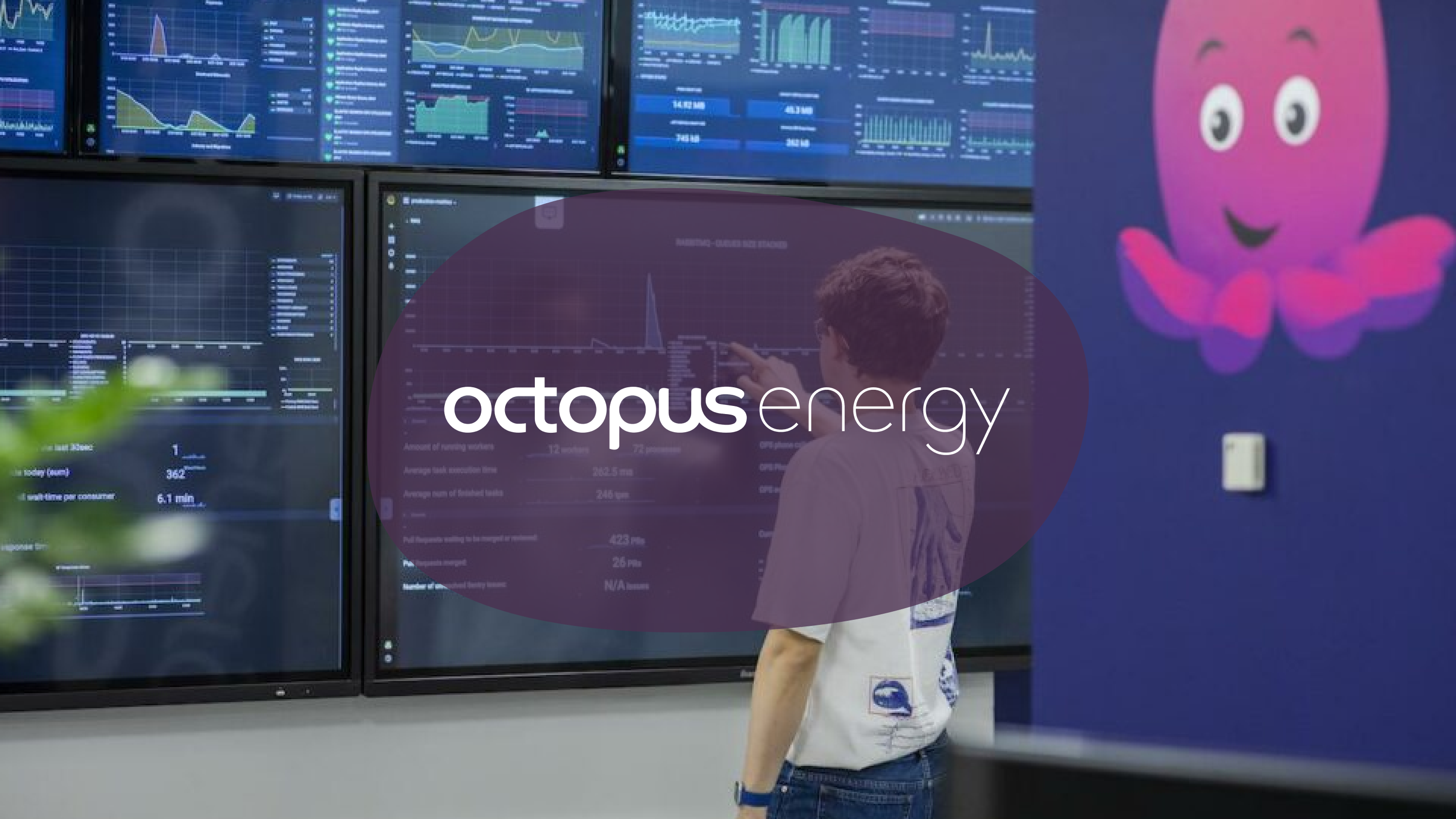 A person interacting with a wall of data screens, branded with Octopus Energy and featuring their octopus mascot.