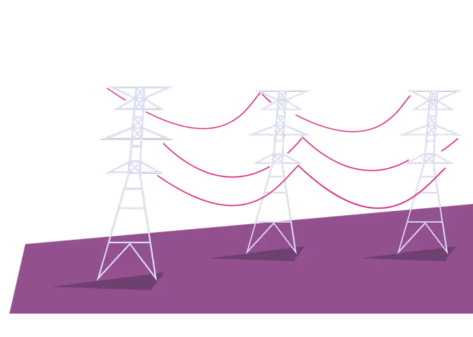 Three power line towers with red wires on a purple ground.