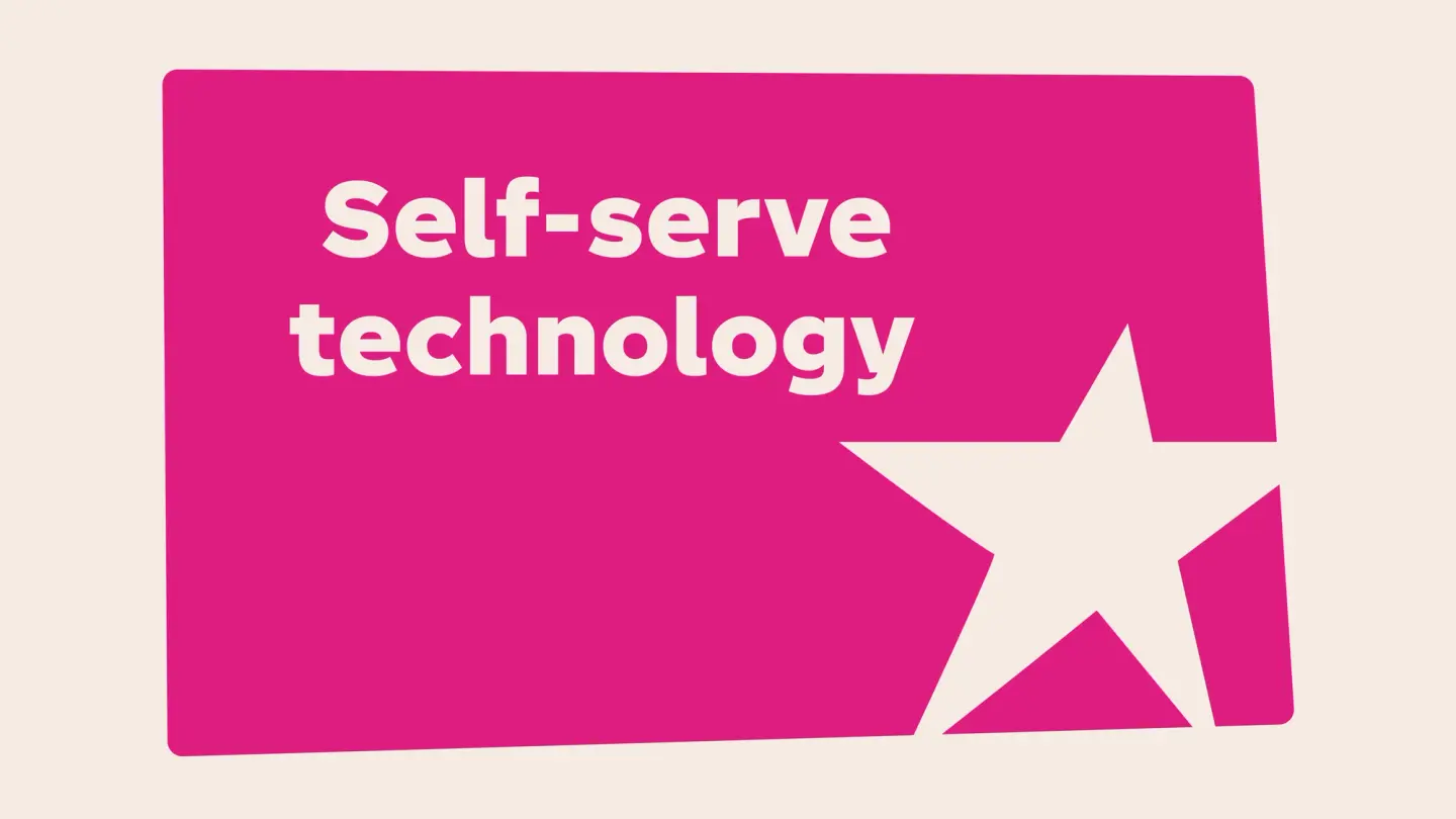 Illustration with the title "Self-serve technology" on a pink card, featuring a large cream star icon.