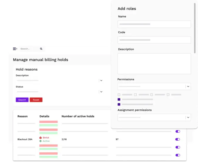 A web application interface displaying a "Manage manual billing holds" table and an "Add roles" form with fields for name, code, description, and permissions.