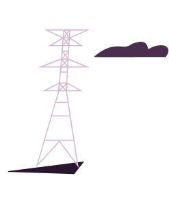 Simple illustration of a light purple power tower and a dark purple cloud.