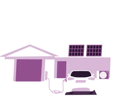 Illustration of a house with solar panels, an electric car charging, and an outdoor AC unit.