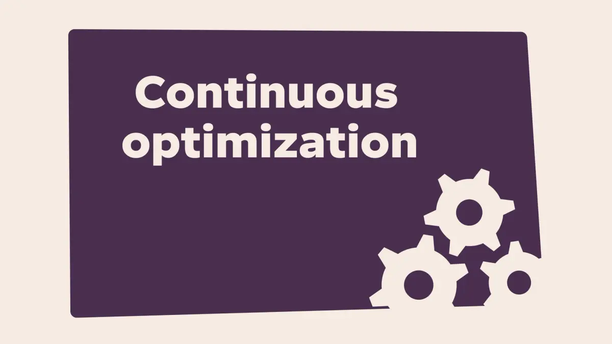 Text "Continuous optimization" on a purple rectangle with three white gears.