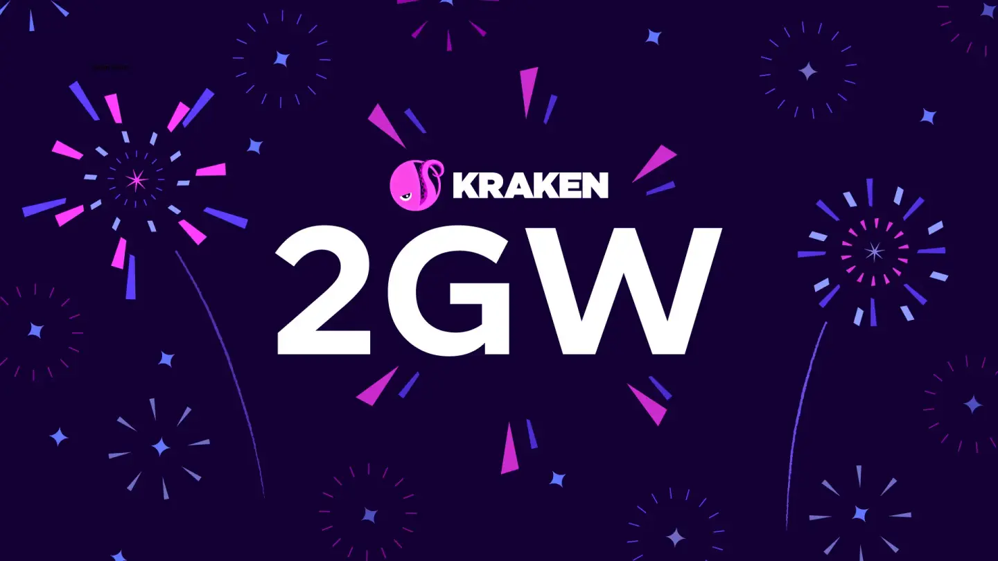 Kraken logo and "2GW" text with celebratory fireworks.
