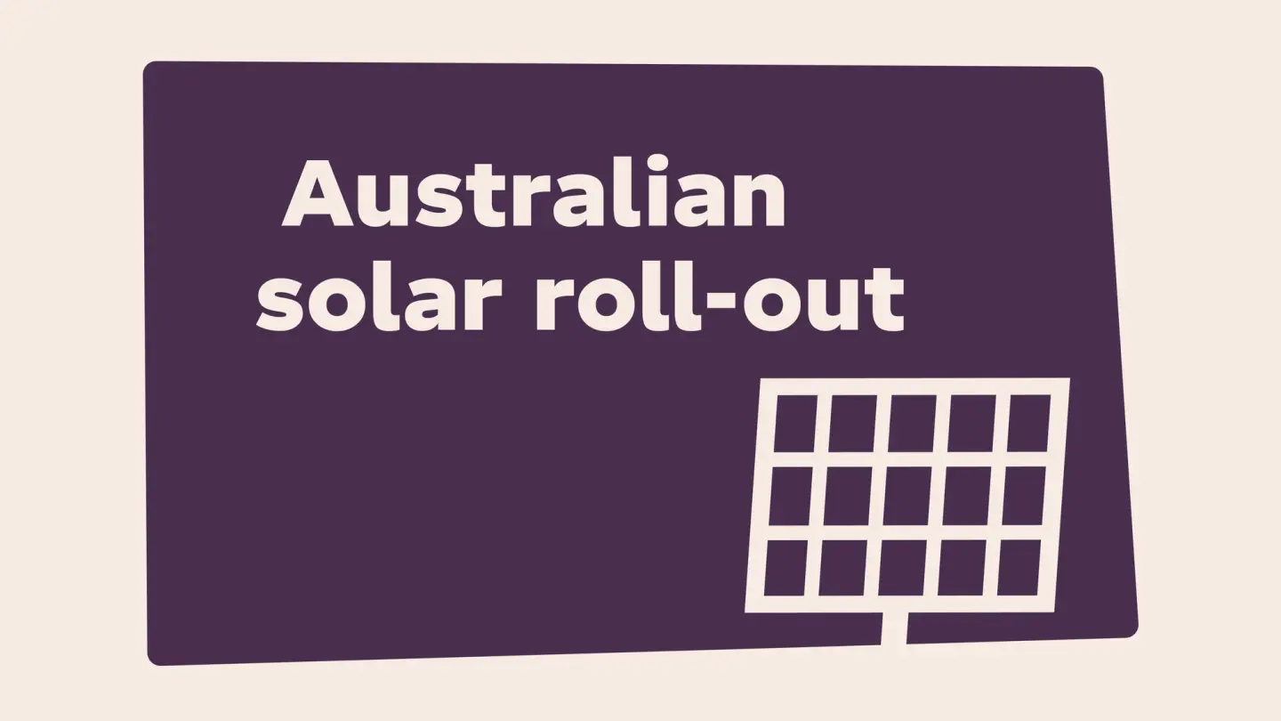 Illustration with the title "Australian solar roll-out" on a dark purple card with a solar panel icon.