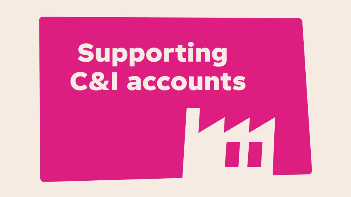 Illustration with the title "Supporting C&I accounts" on a pink card, featuring a cream factory icon representing commercial and industrial customers.