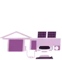 Illustration of a house with solar panels, an electric vehicle charging, and an outdoor unit.