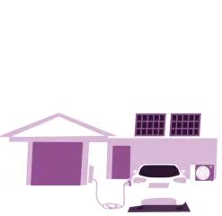 Illustration of a house with solar panels on the roof, an electric car charging, and an outdoor AC unit.