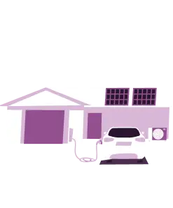 Electric car charging at a house with rooftop solar panels and an outdoor unit.