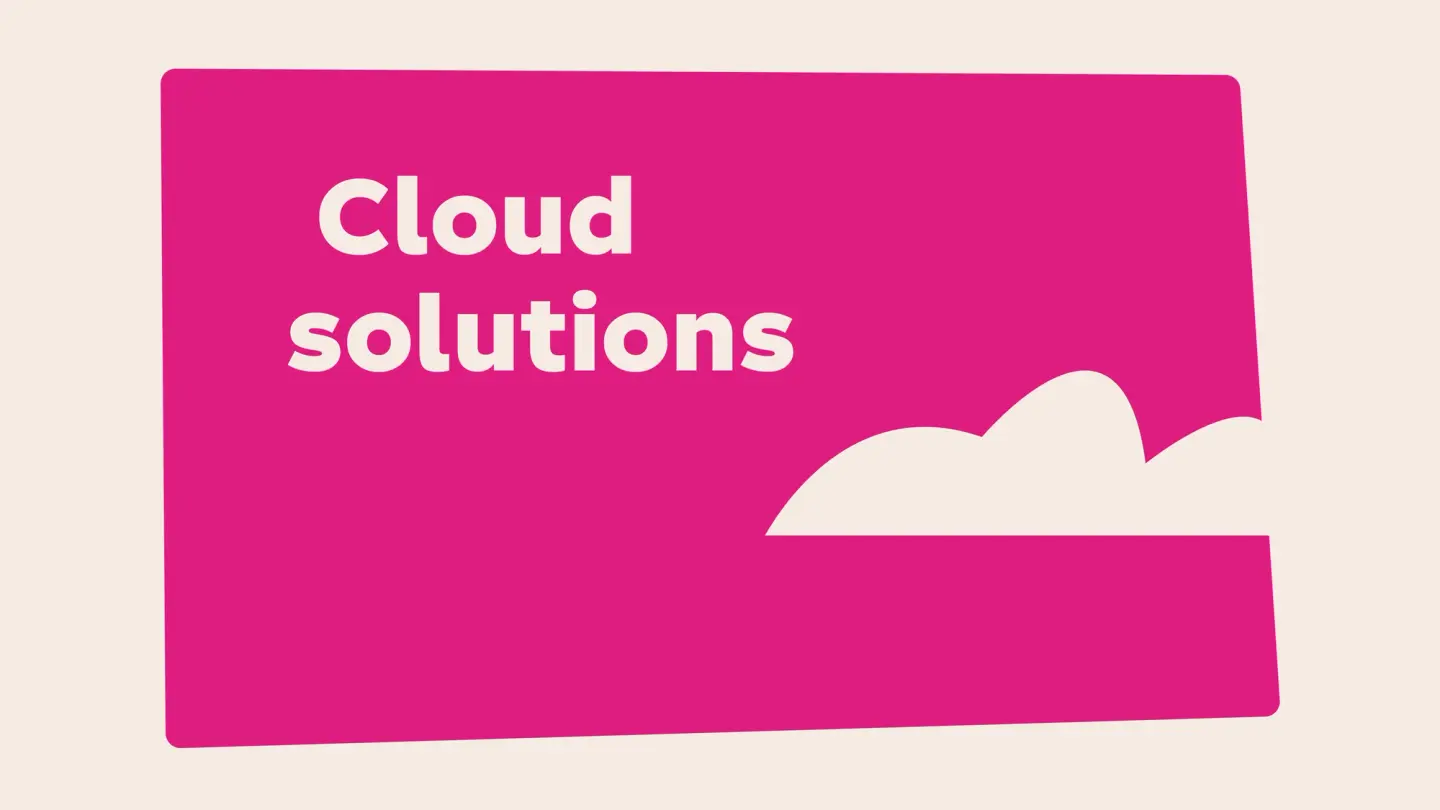 Illustration with the title "Cloud solutions" on a pink card, featuring a cream cloud graphic.