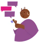 A smiling person with dark skin holds a phone with speech bubbles nearby.