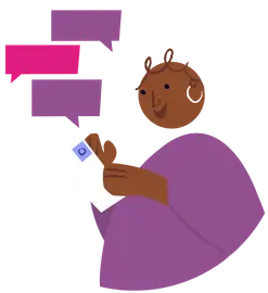 A smiling person with dark skin holds a phone with speech bubbles nearby.
