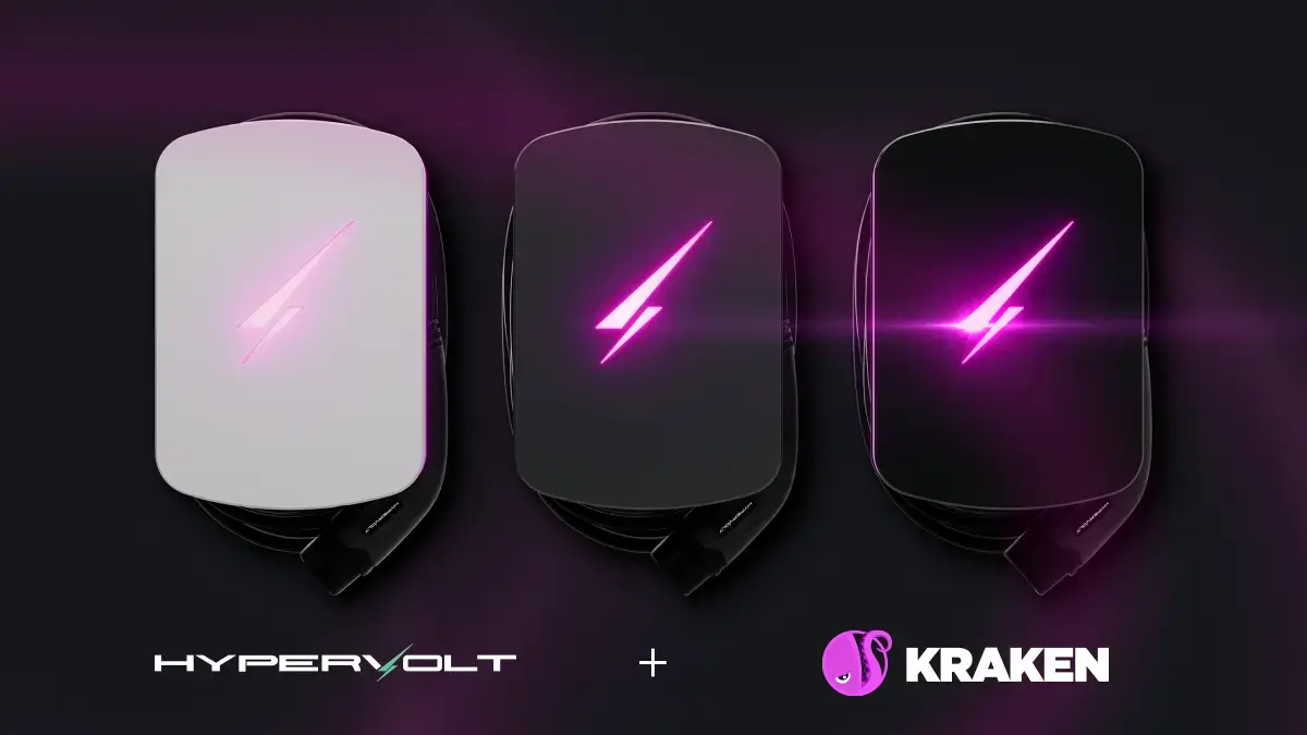 Three EV chargers, one white and two black, each with a glowing pink lightning bolt logo. Below are the Hypervolt and Kraken logos.