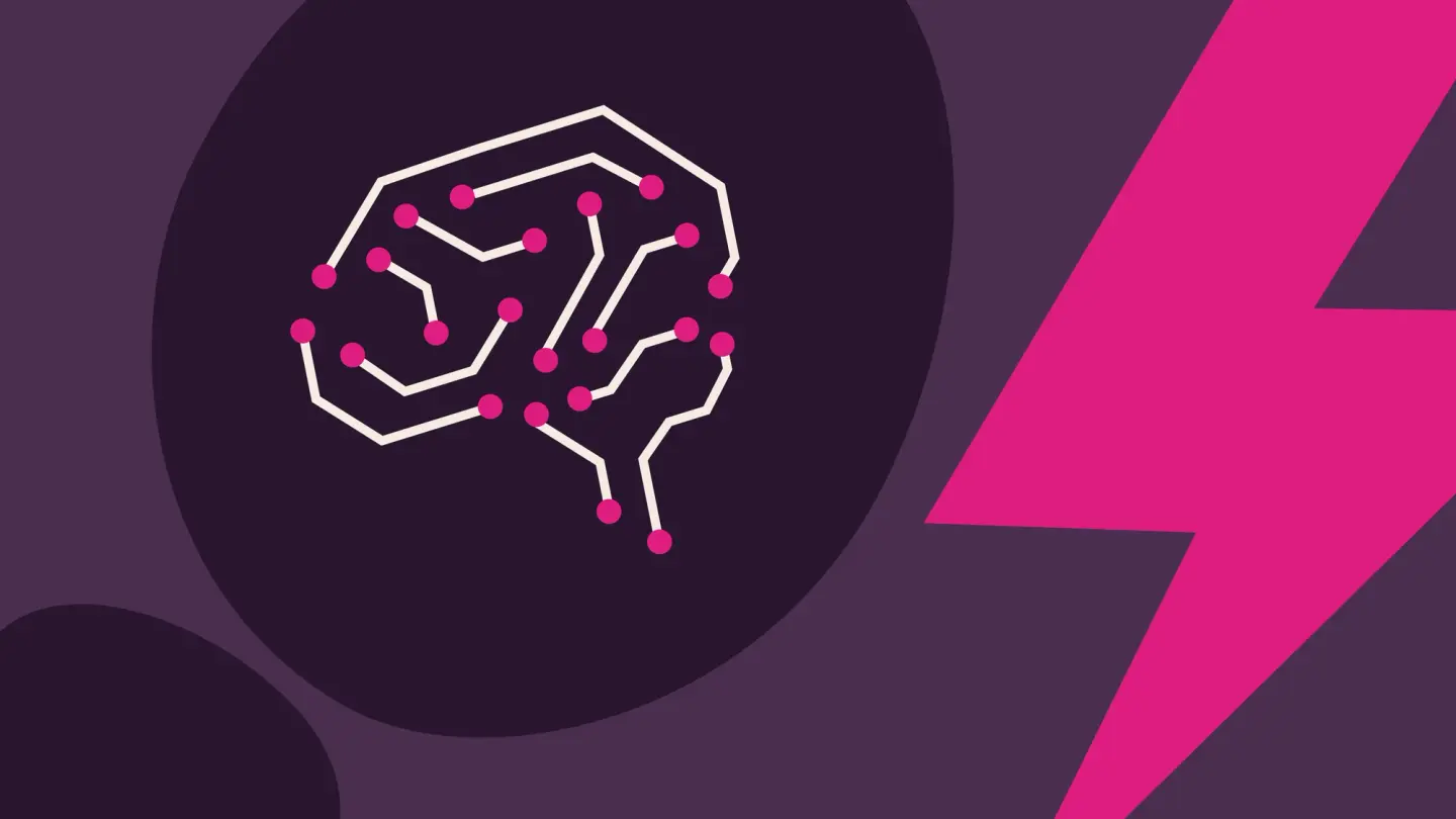 A stylized circuit board brain and a bright pink lightning bolt on a dark purple background.