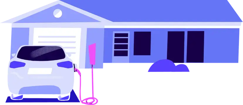 Illustration of a white electric car charging at a pink station in front of a blue house.