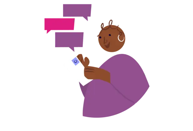 Illustration of a person holding a phone with three chat bubbles above it.