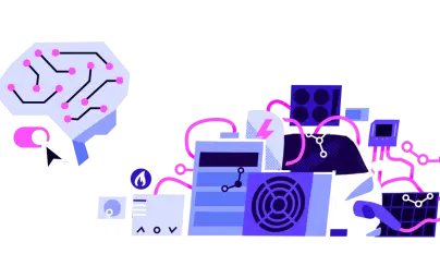 A stylized brain with internal circuits connected to various computing machinery, with a mouse cursor.