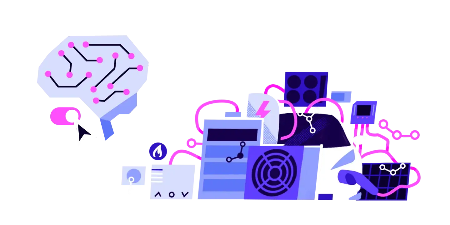A stylized brain with internal circuits connected to various computing machinery, with a mouse cursor.