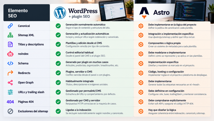 Tabla comparativa de funciones SEO en WordPress y Astro: canonical, sitemap, metadata, noindex, schema, redirects, Open Graph, URLs y errores 404.