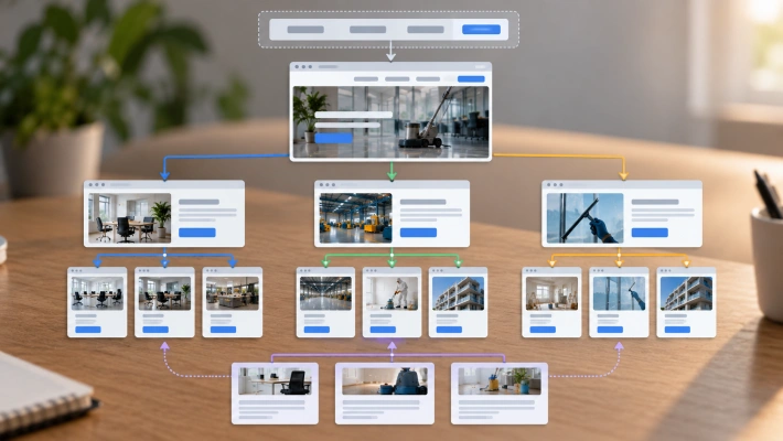 Representación de una arquitectura web donde las páginas se conectan mediante navegación, categorías y enlaces internos más allá del menú principal.