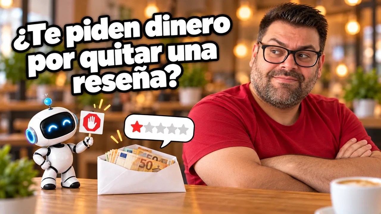 Alejandro de brazos cruzados y con gesto escéptico ante un sobre de billetes y un robot blanco con una señal de stop, bajo el titular ¿Te piden dinero por quitar una reseña?