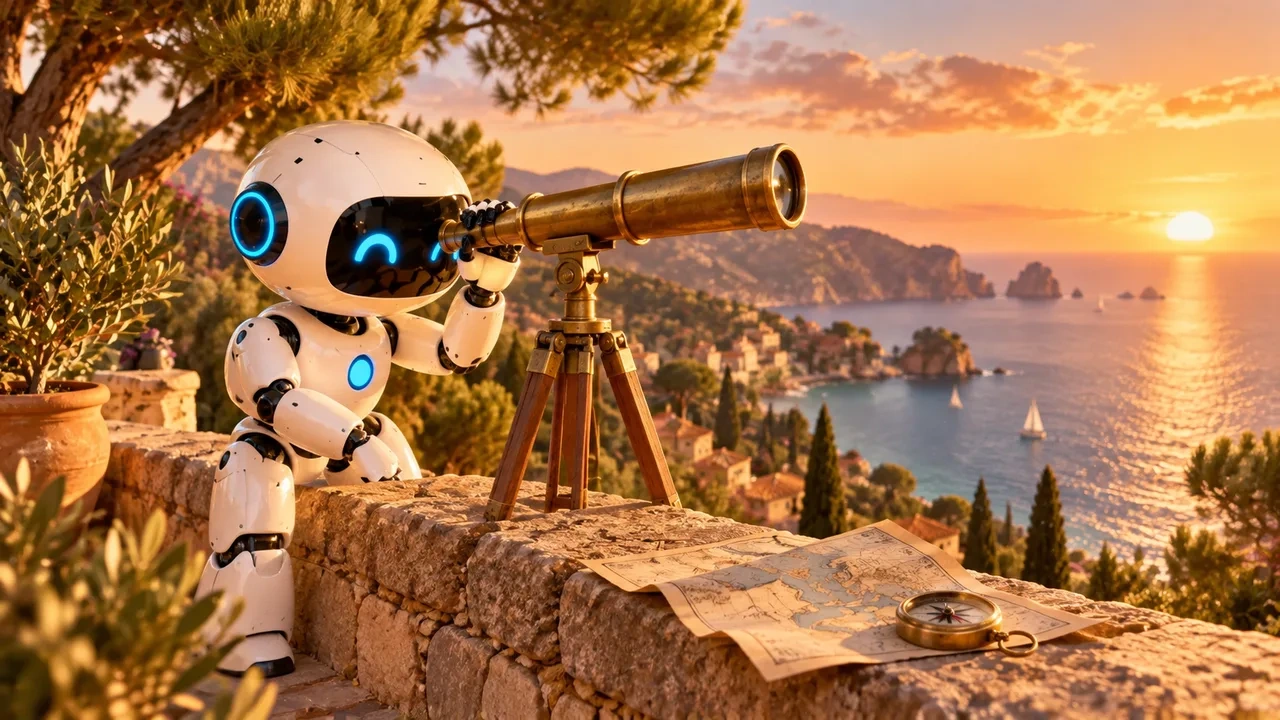 Robot blanco mirando por un catalejo desde un mirador sobre la costa al atardecer, con un mapa y una brújula en el muro