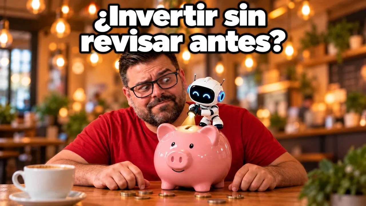 Alejandro con gesto preocupado ante una hucha con forma de cerdito sobre la que un robot blanco alumbra con una linterna la ranura de las monedas, bajo el titular ¿Invertir sin revisar antes?