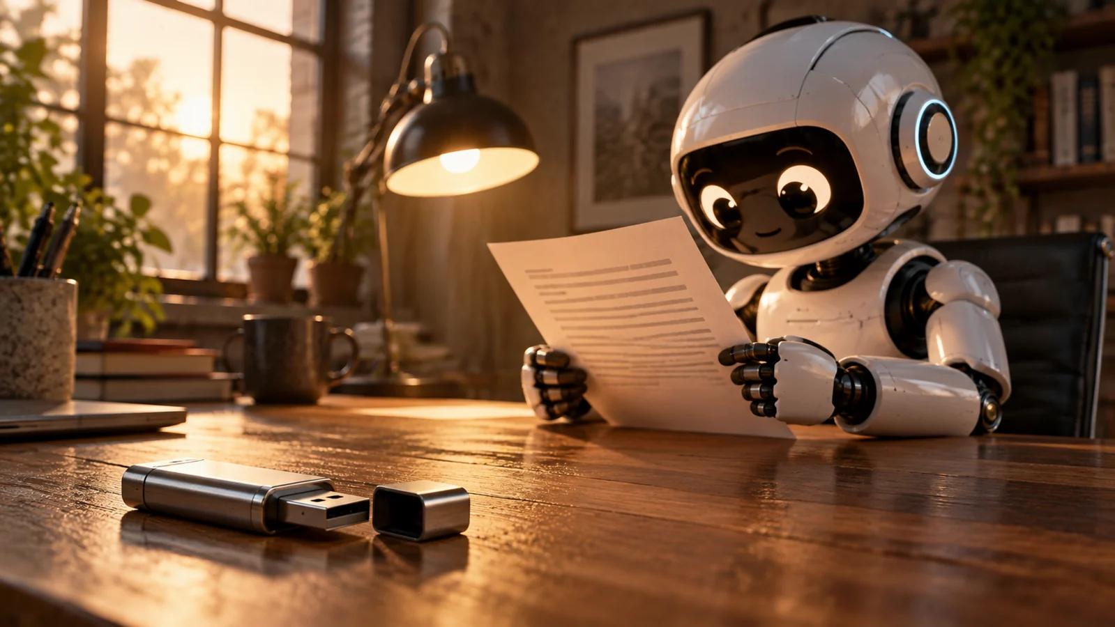 Ilustración de un robot leyendo un documento mientras ignora un USB sobre la mesa