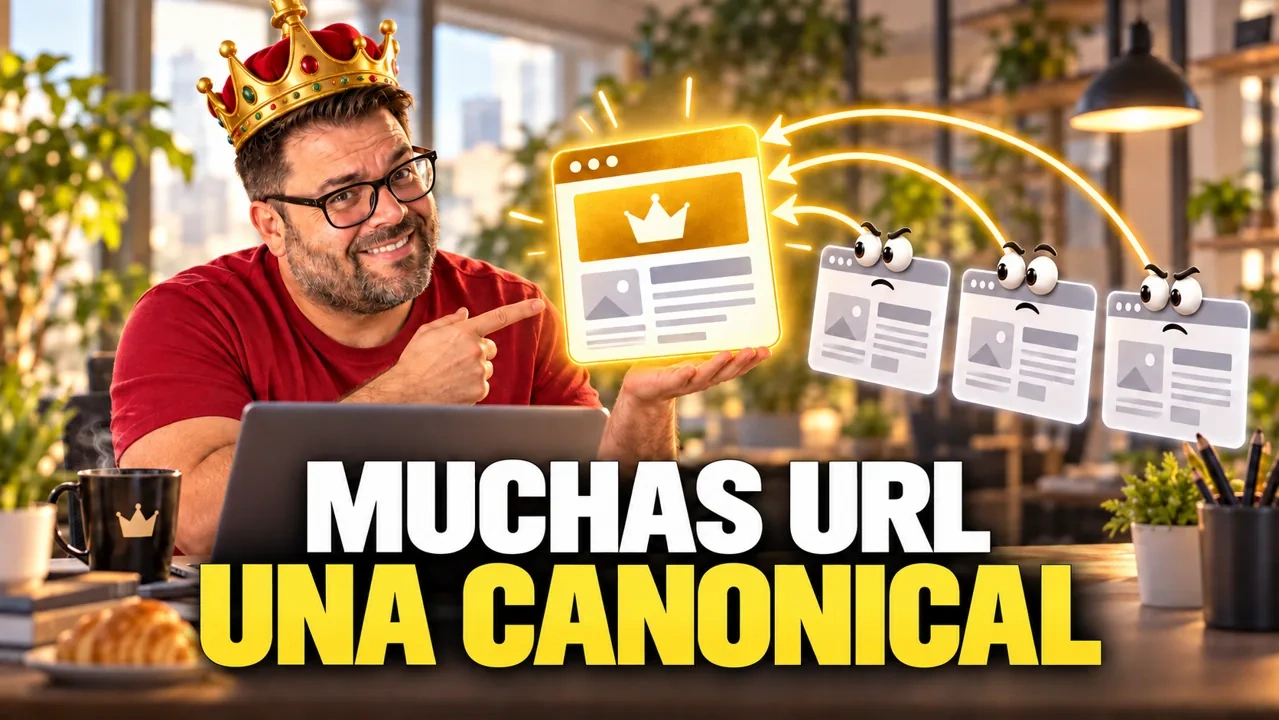 Ilustración de Alejandro coronando una URL principal mientras las páginas duplicadas apuntan a ella. Muchas URL, una canonical.