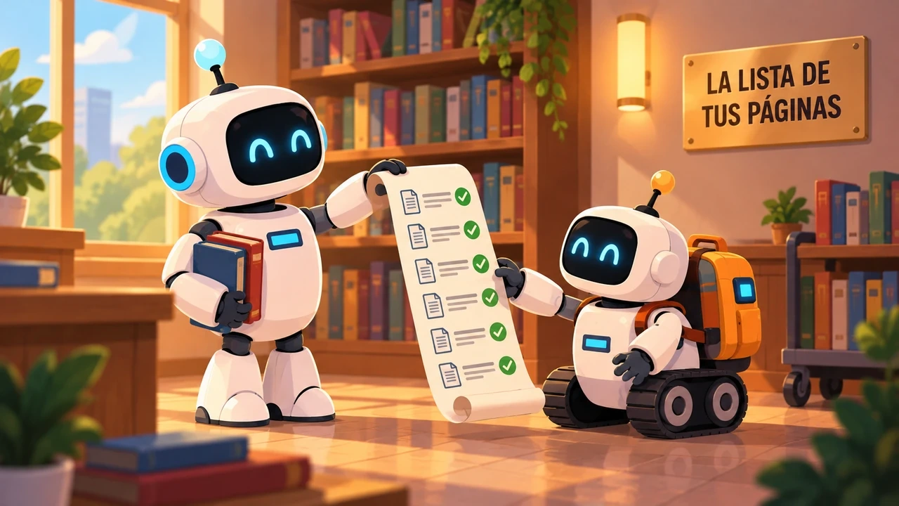 Un robot bibliotecario entrega a un robot rastreador una lista larga de páginas, cada una con una marca verde