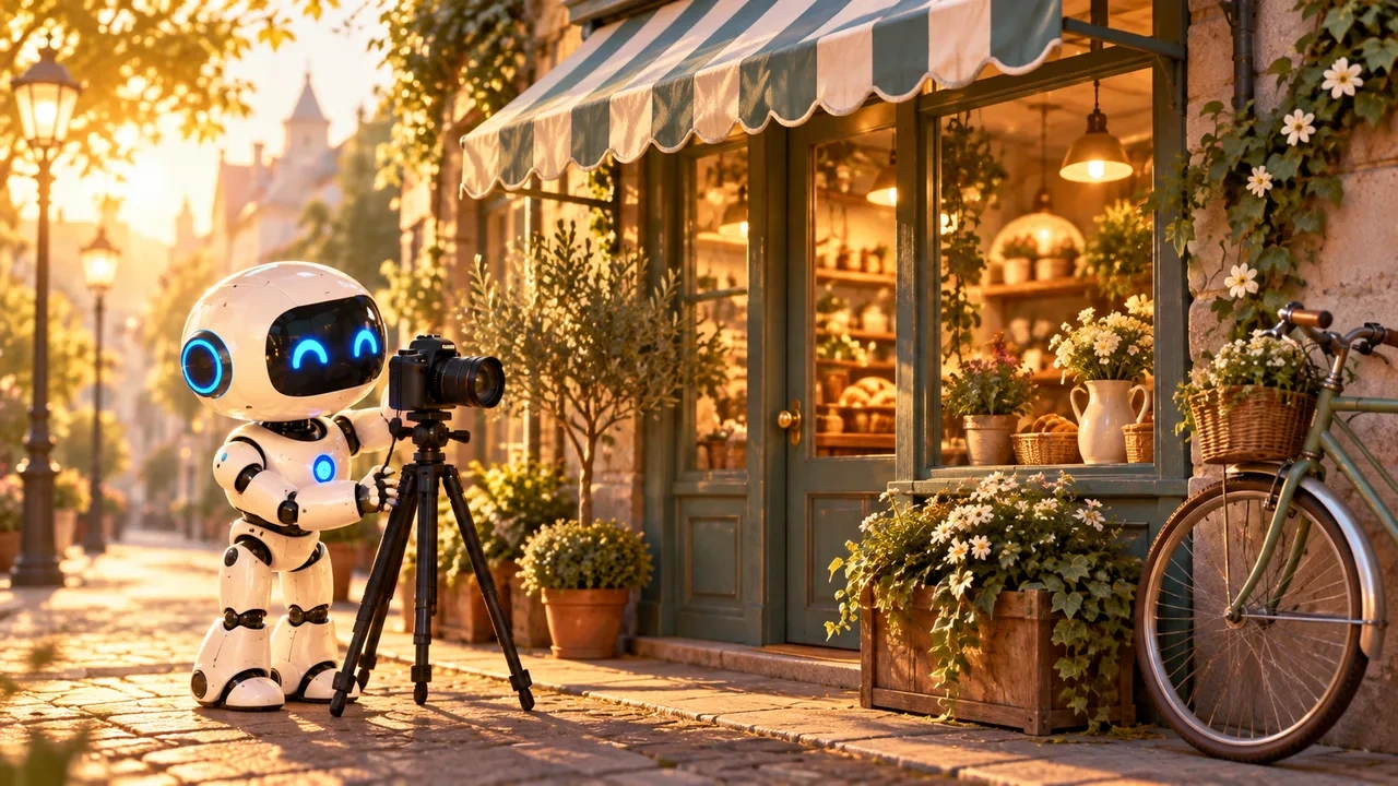 Un robot blanco coloca una cámara sobre un trípode frente a la fachada de una tienda con toldo, al amanecer, con una bicicleta apoyada en la pared.