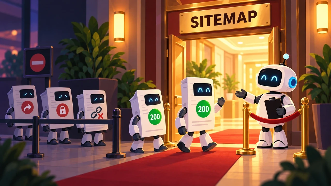 Un robot portero deja entrar a páginas con la insignia 200 en una sala llamada Sitemap y aparta a las que redirigen, tienen noindex o están rotas