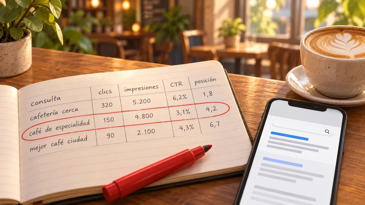 Cuaderno con una tabla dibujada a mano de consultas, clics, impresiones, CTR y posición, con una fila marcada en rojo, junto a un móvil que muestra un resultado de búsqueda