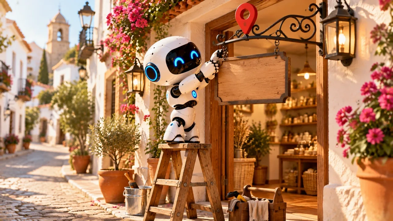 Un robot blanco sobre una escalera de madera cuelga un rótulo de madera con una chincheta roja de mapa en la puerta de una tienda encalada de casco antiguo.
