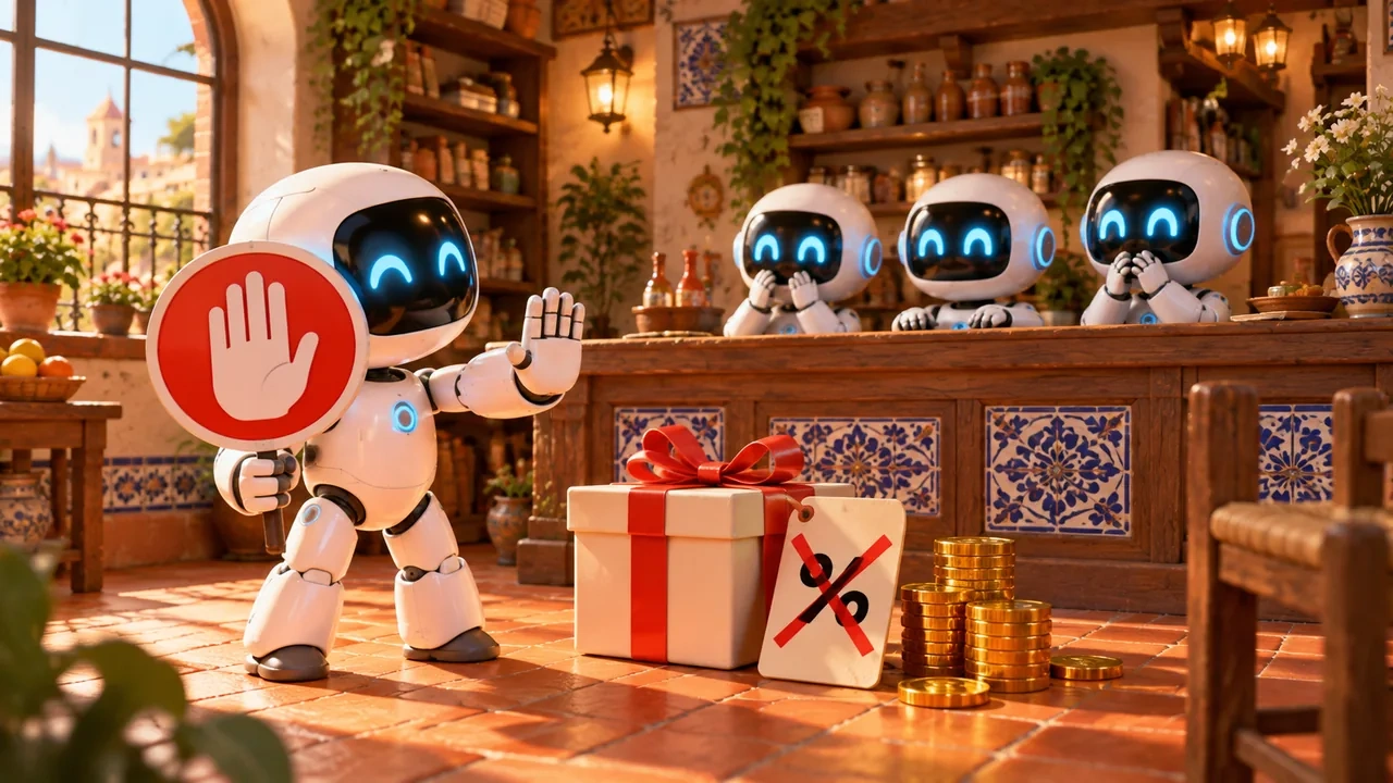 Un robot levanta una señal de stop ante un regalo, una etiqueta de descuento tachada y monedas.