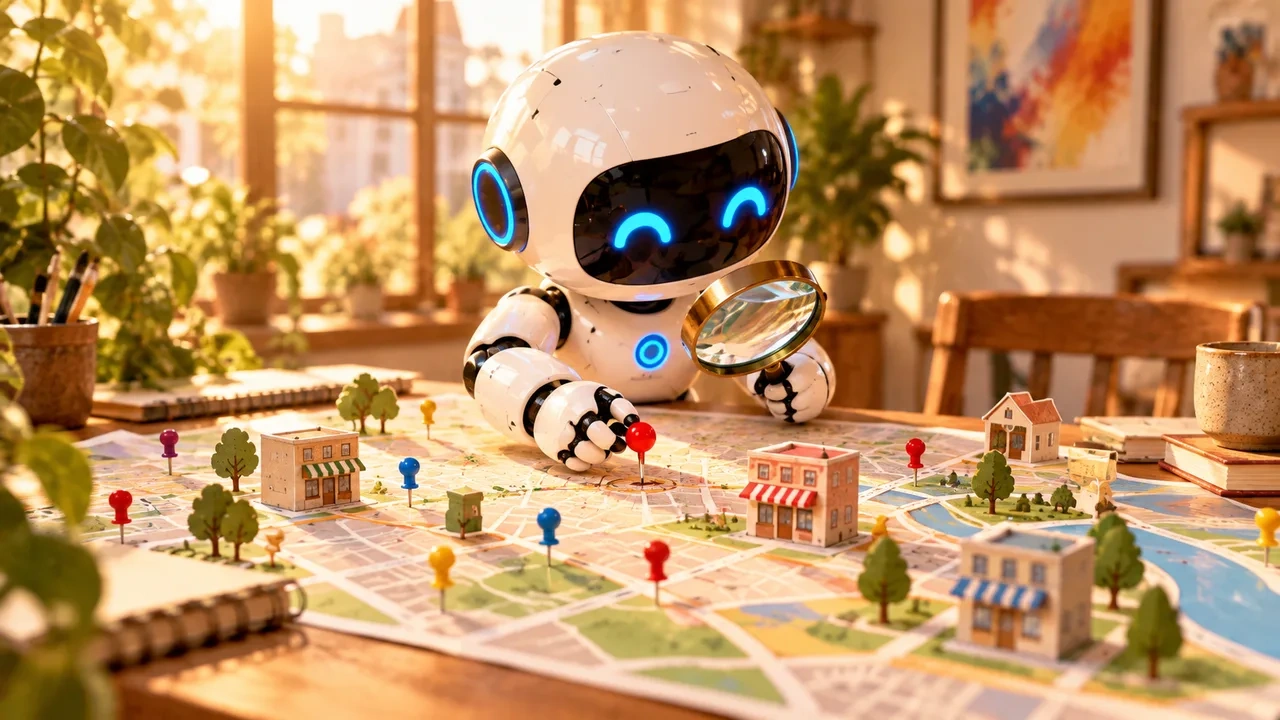 Un robot blanco con una lupa sobre un mapa de ciudad lleno de chinchetas de colores y pequeñas maquetas de tiendas, colocando una chincheta roja.