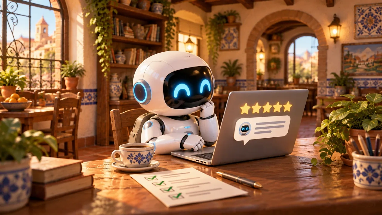 Un robot ante un portátil con cinco estrellas y una respuesta, junto a una lista con tres tics verdes.