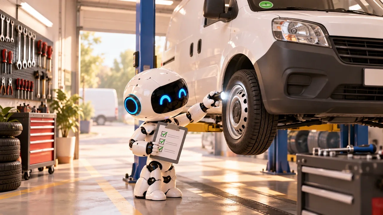 Un robot blanco con una linterna y un portapapeles con marcas verdes revisa la rueda de una furgoneta elevada en un taller de inspección.