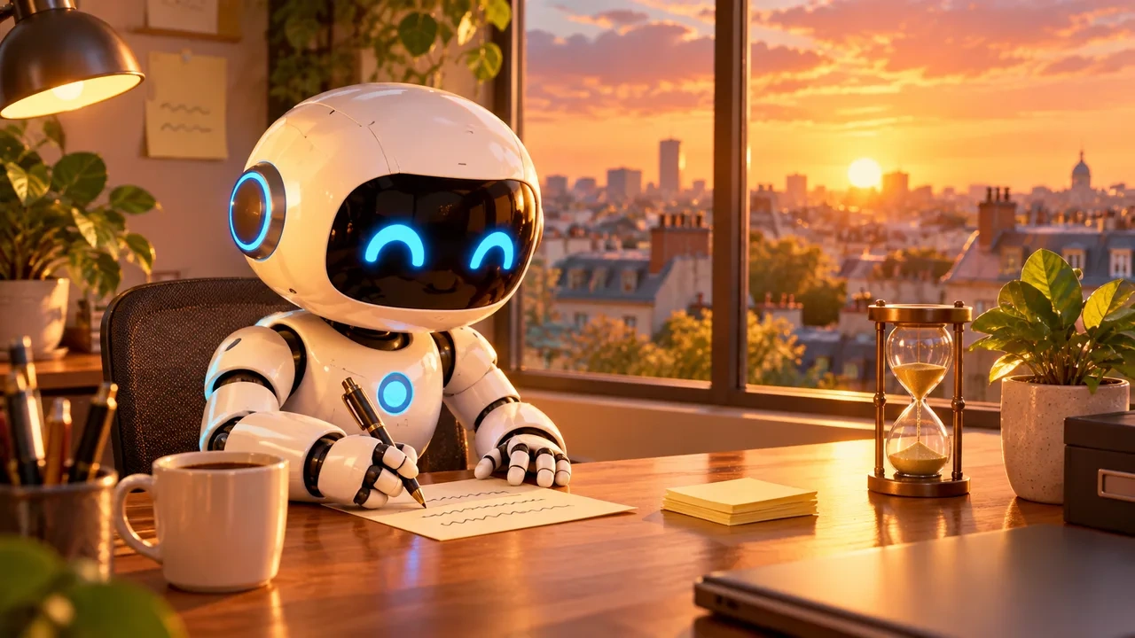 Un robot escribe una nota breve en un escritorio al atardecer, junto a una taza de café, un reloj de arena y unas notas adhesivas.
