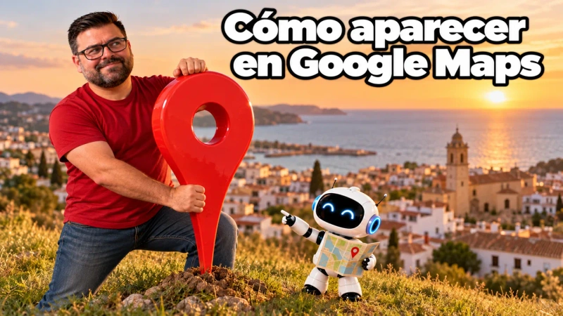 Alejandro con camiseta roja clava una gran chincheta roja de mapa en una colina sobre un pueblo costero mientras un robot blanco señala un mapa, bajo el titular Cómo aparecer en Google Maps