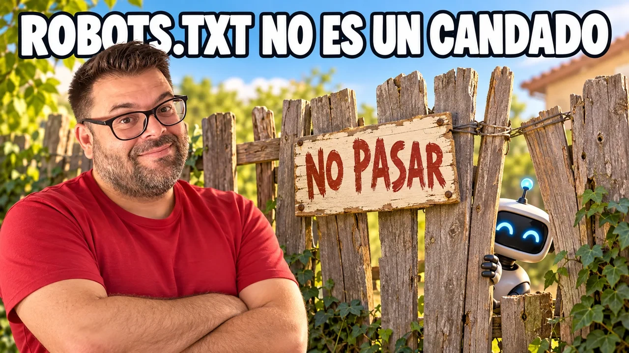 Alejandro Castillo con gesto resignado junto a una valla endeble con un cartel de NO PASAR mientras un robot pequeño se asoma