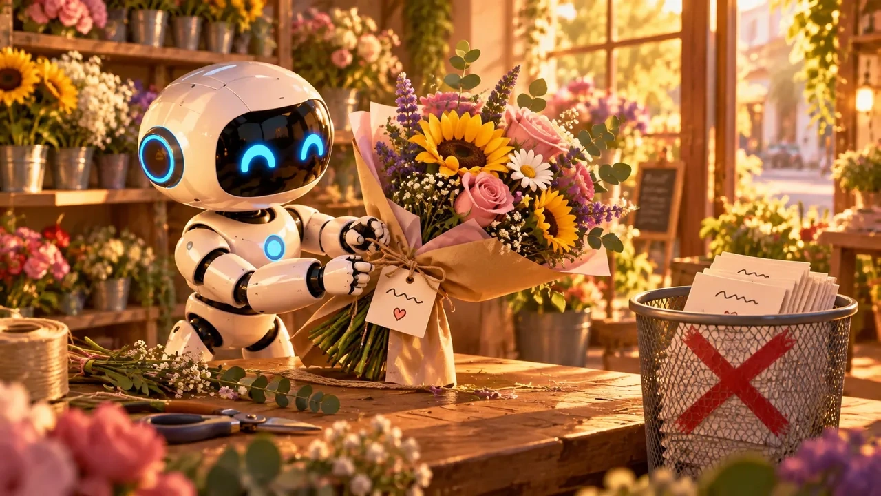 Un robot en una floristería ata una tarjeta personal a un ramo, mientras una pila de tarjetas idénticas tachadas espera en una papelera.