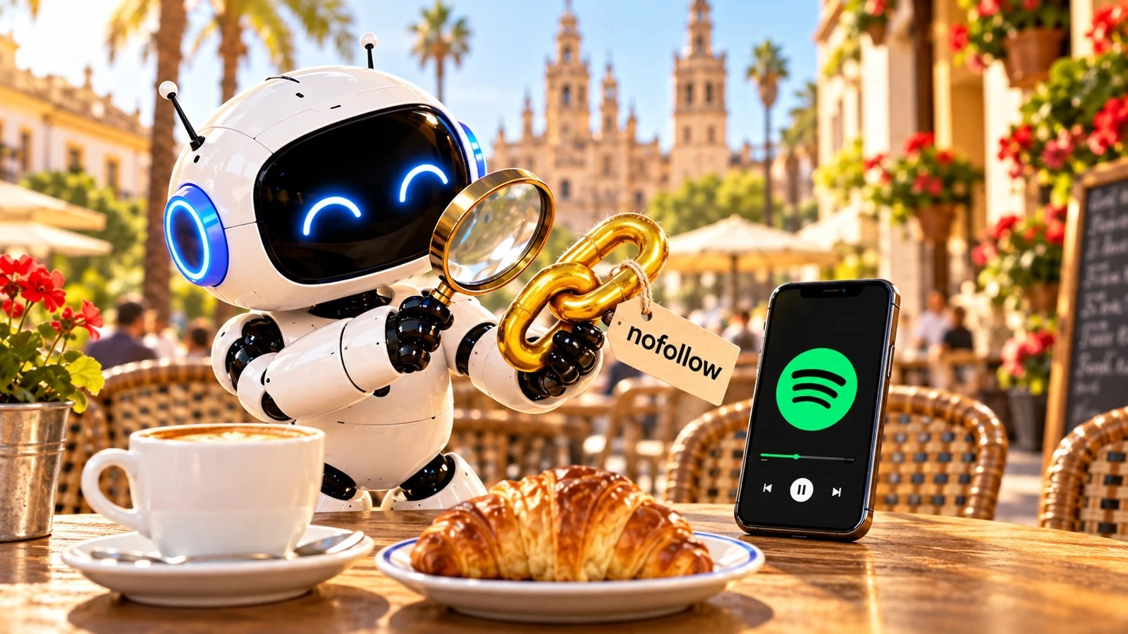 Robot con lupa examina una cadena con etiqueta nofollow junto a Spotify.