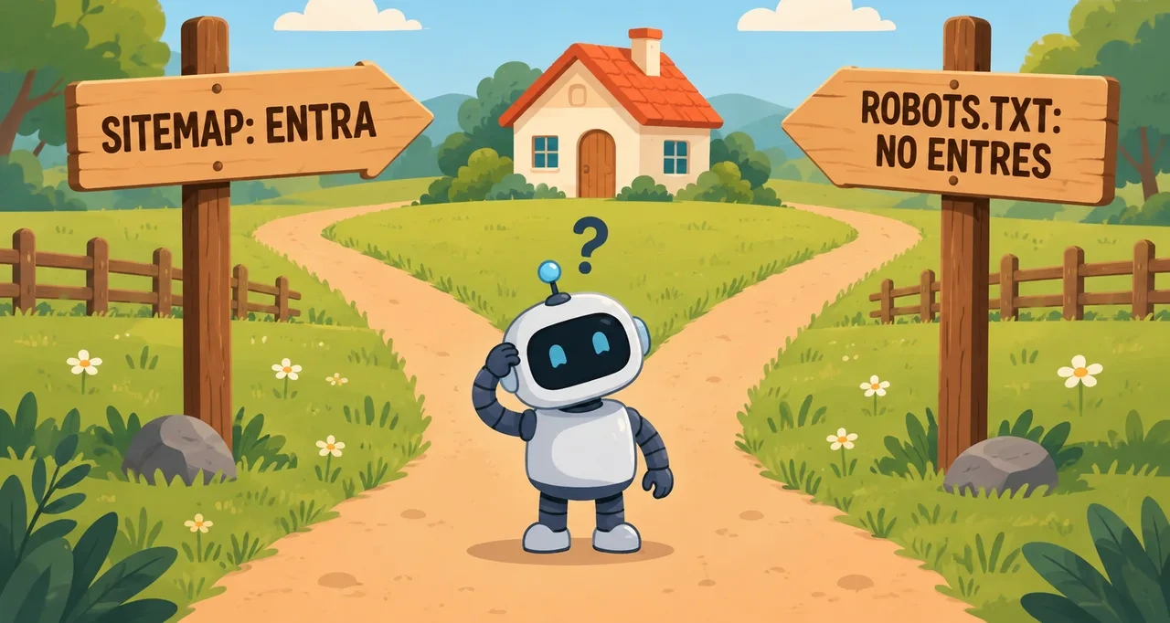 Un cartel de SITEMAP: ENTRA y otro de ROBOTS.TXT: NO ENTRES apuntan a la misma casa mientras un robot se rasca la cabeza