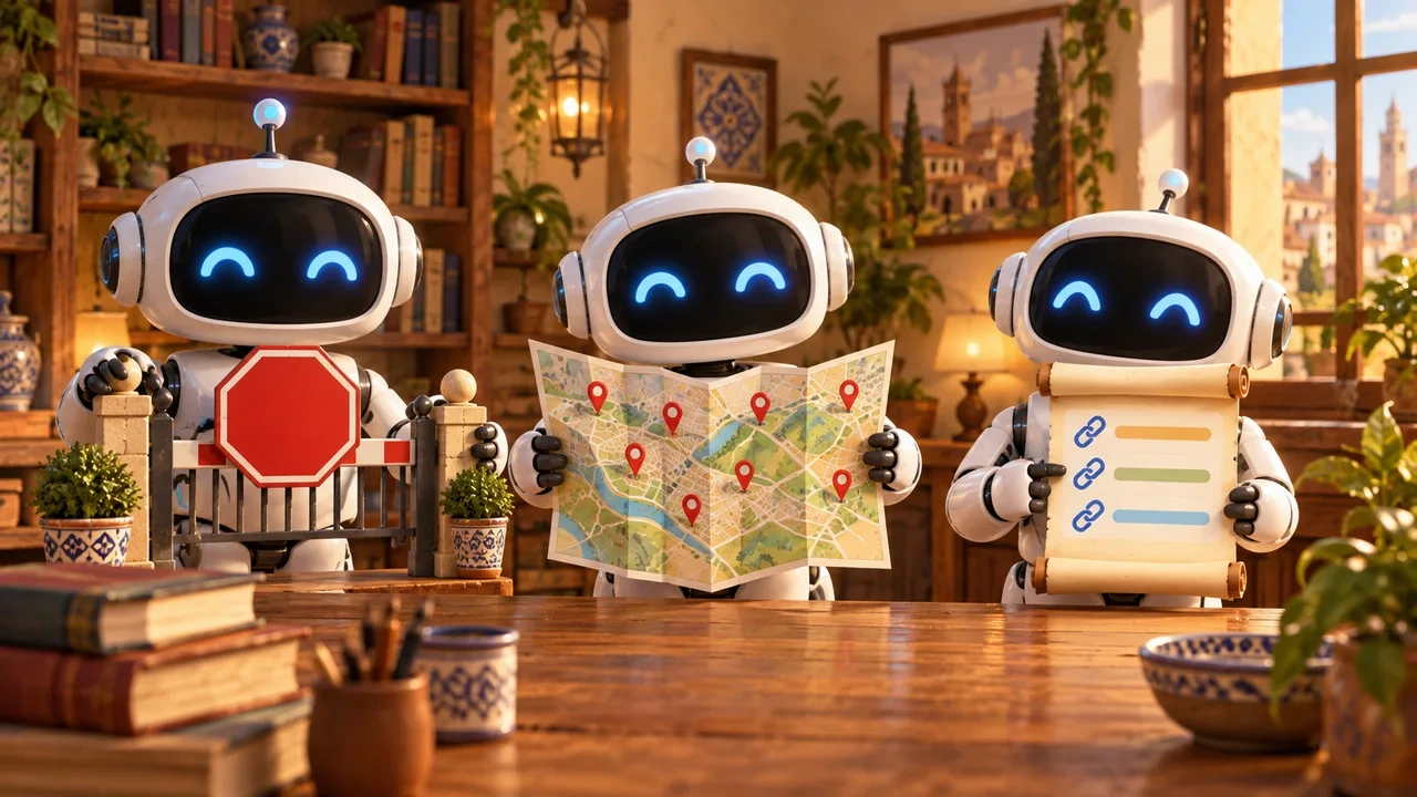 Tres robots sostienen una barrera con señal de stop, un mapa con chinchetas y un rollo con tres enlaces.