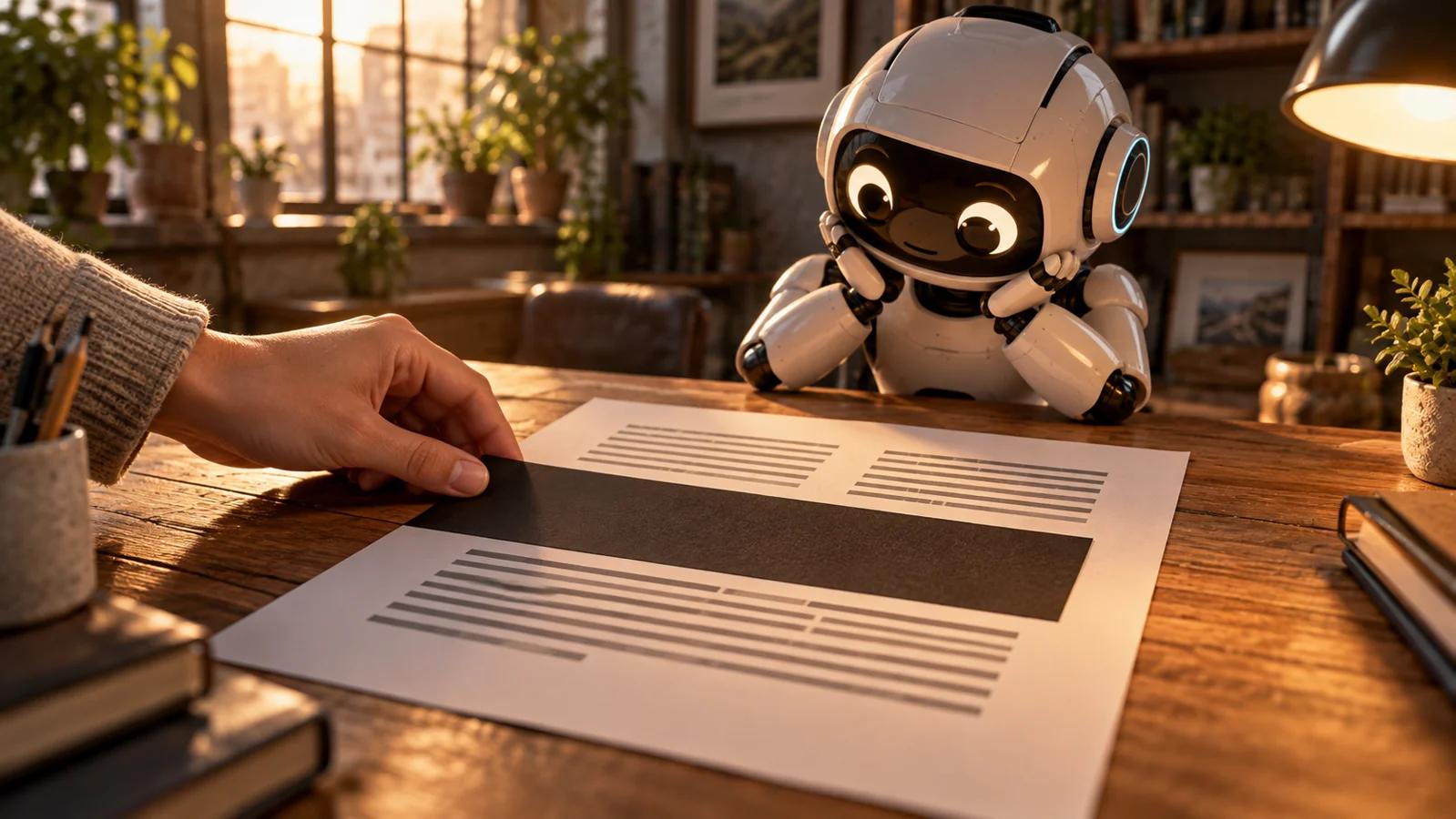 Ilustración de una mano cubriendo parte de un documento mientras un robot observa los fragmentos visibles