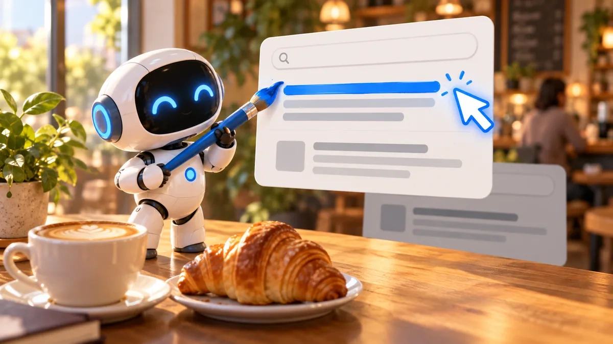 Robot pintando de azul el título de una tarjeta de resultado de búsqueda mientras un cursor apunta al título recién pintado
