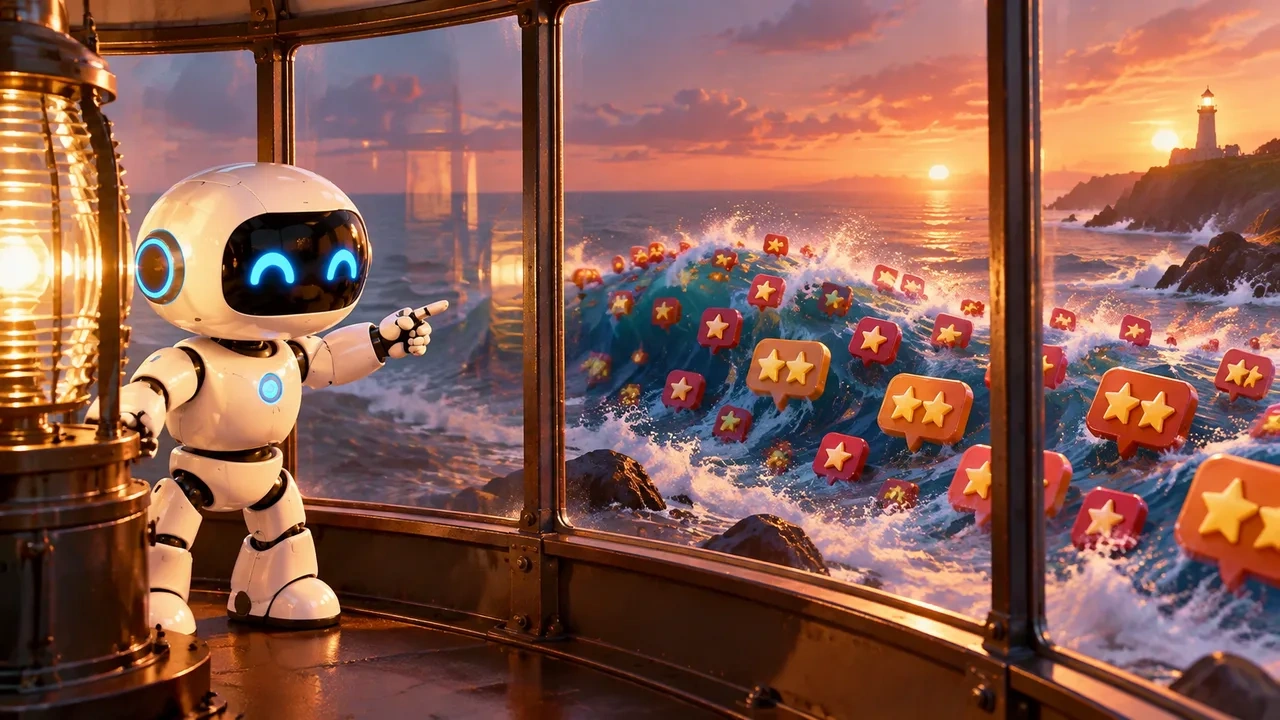 Un robot blanco en un faro señala una ola de reseñas de una y dos estrellas que llega a la costa.