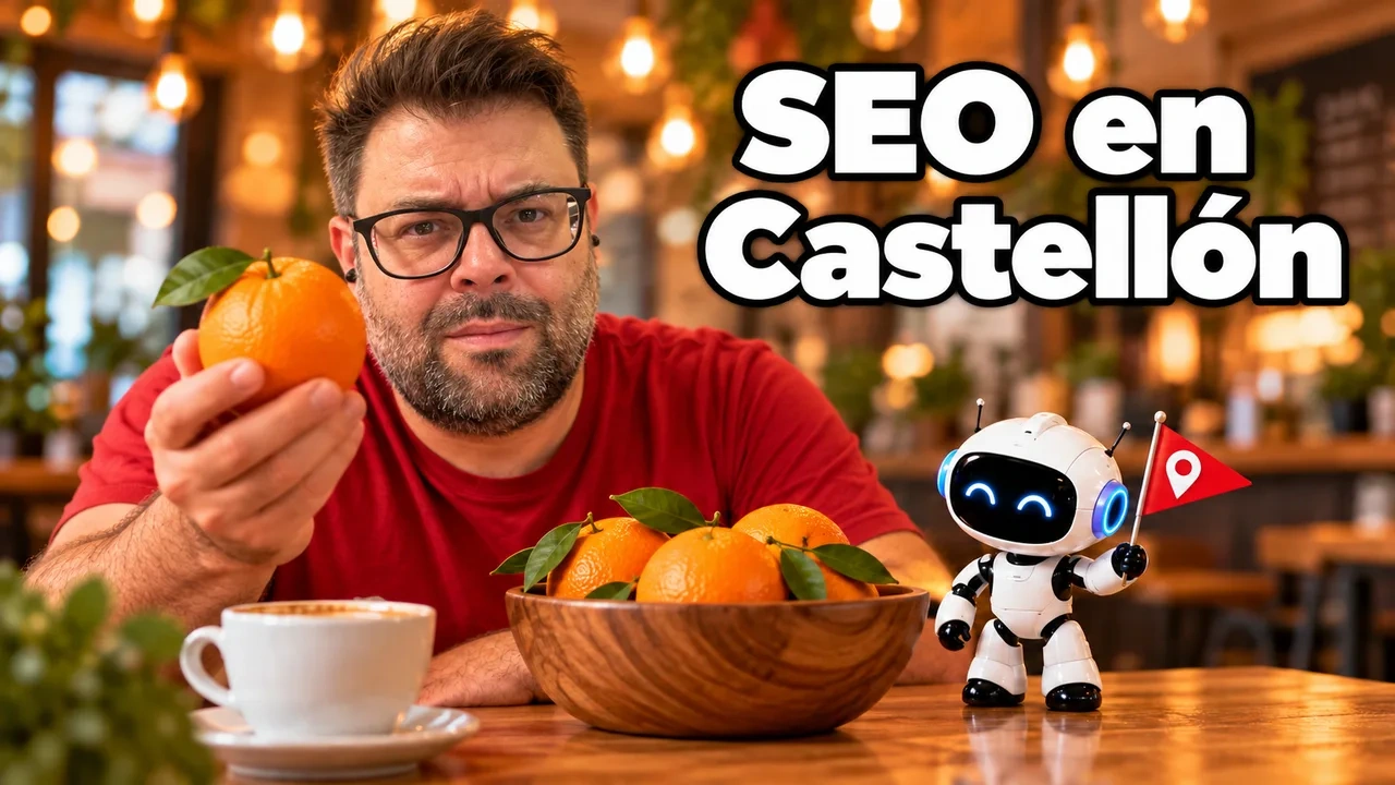 Alejandro sonríe con gesto dudoso y sostiene una naranja ante un cuenco de naranjas, con un robot blanco que lleva una banderita roja con chincheta, bajo el titular SEO en Castellón