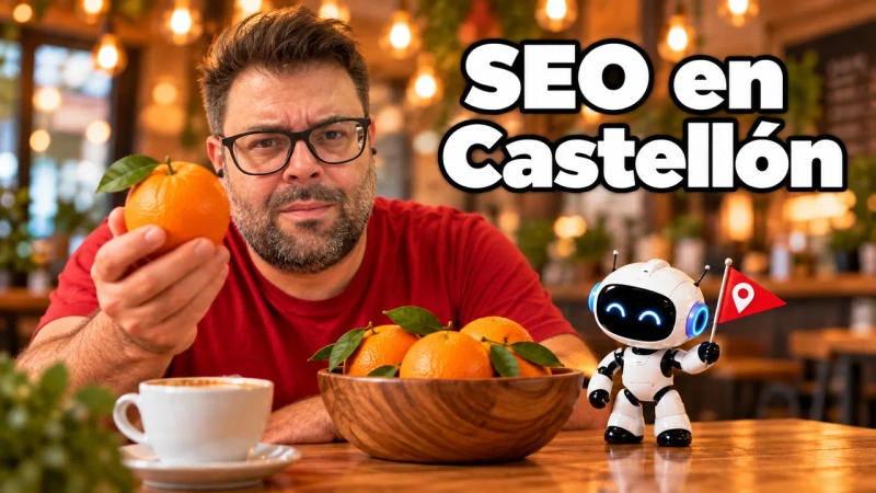 Alejandro sonríe con gesto dudoso y sostiene una naranja ante un cuenco de naranjas, con un robot blanco que lleva una banderita roja con chincheta, bajo el titular SEO en Castellón